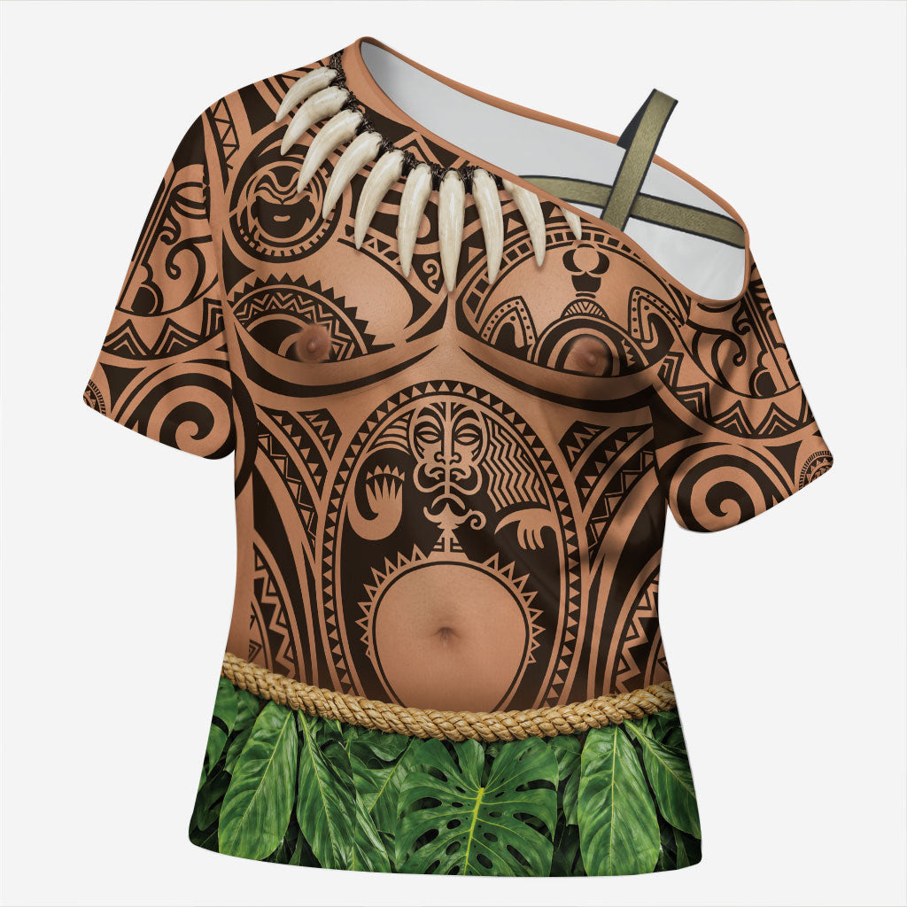 Hawaii Warrior Tattoo Inspired Cross Shoulder Shirt Tropical Leaf Skirt Costume LT05 Female Beige - Polynesian Pride