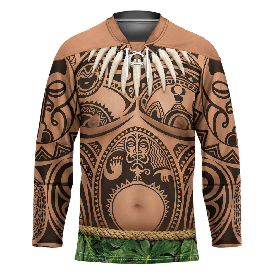 Hawaii Warrior Tattoo Inspired Hockey Jersey Tropical Leaf Skirt Costume LT05 Unisex Beige - Polynesian Pride
