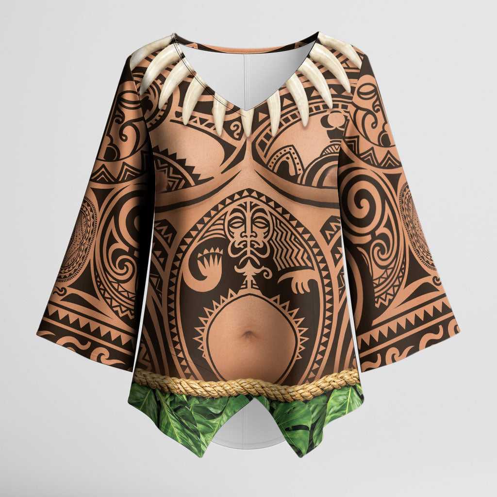 Hawaii Warrior Tattoo Inspired Kimono Sleeve Blouse Tropical Leaf Skirt Costume LT05 Female Beige - Polynesian Pride
