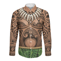 Hawaii Warrior Tattoo Inspired Long Sleeve Button Shirt Tropical Leaf Skirt Costume LT05 Unisex Beige - Polynesian Pride