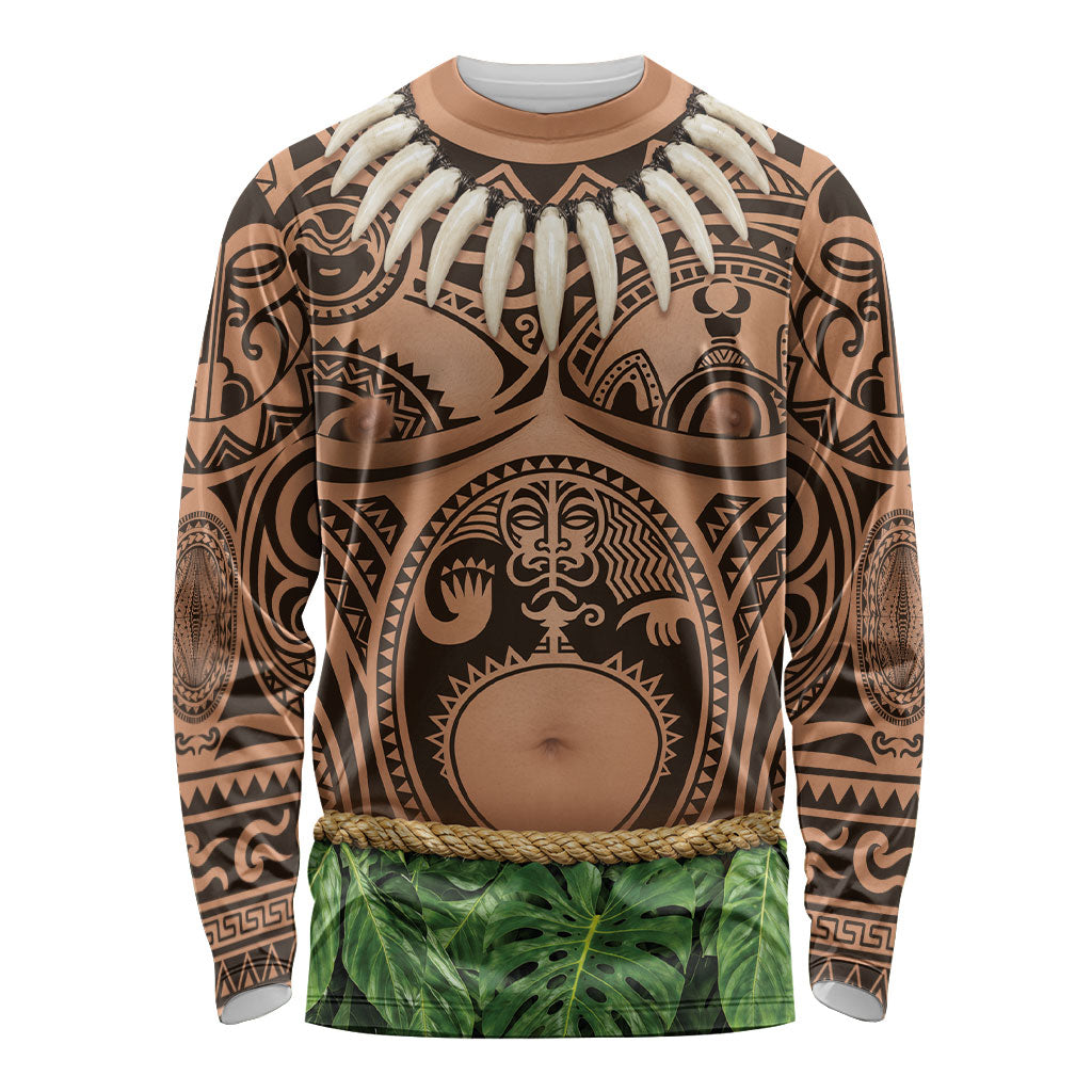 Hawaii Warrior Tattoo Inspired Long Sleeve Shirt Tropical Leaf Skirt Costume LT05 Unisex Beige - Polynesian Pride