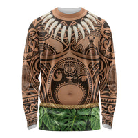 Hawaii Warrior Tattoo Inspired Long Sleeve Shirt Tropical Leaf Skirt Costume LT05 Unisex Beige - Polynesian Pride