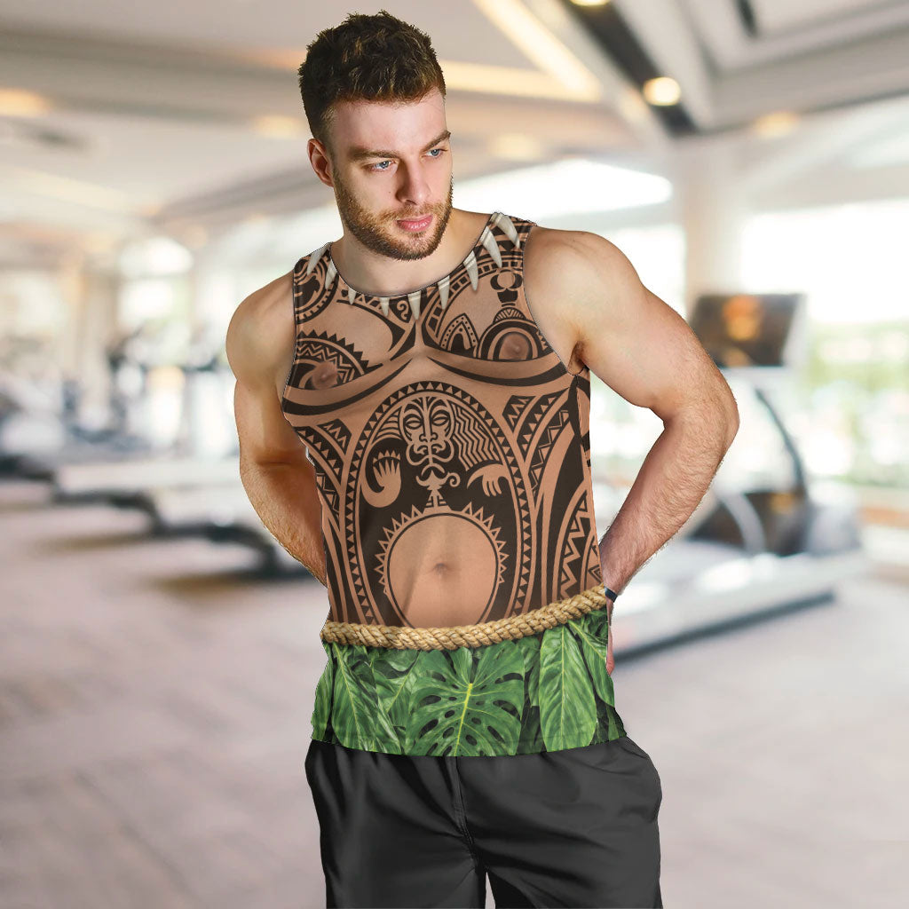 Hawaii Warrior Tattoo Inspired Men Tank Top Tropical Leaf Skirt Costume LT05 Beige - Polynesian Pride