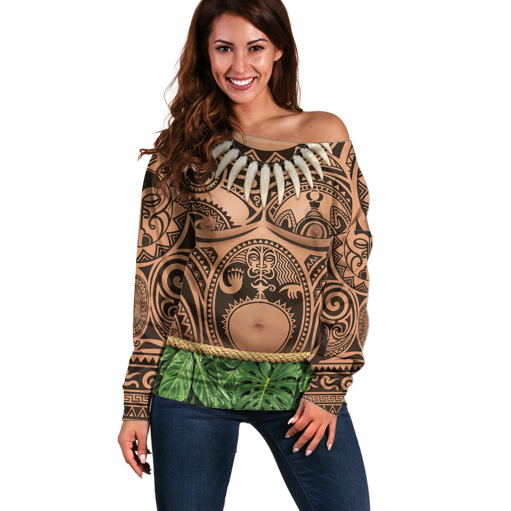 Hawaii Warrior Tattoo Inspired Off Shoulder Sweater Tropical Leaf Skirt Costume LT05 Women Beige - Polynesian Pride
