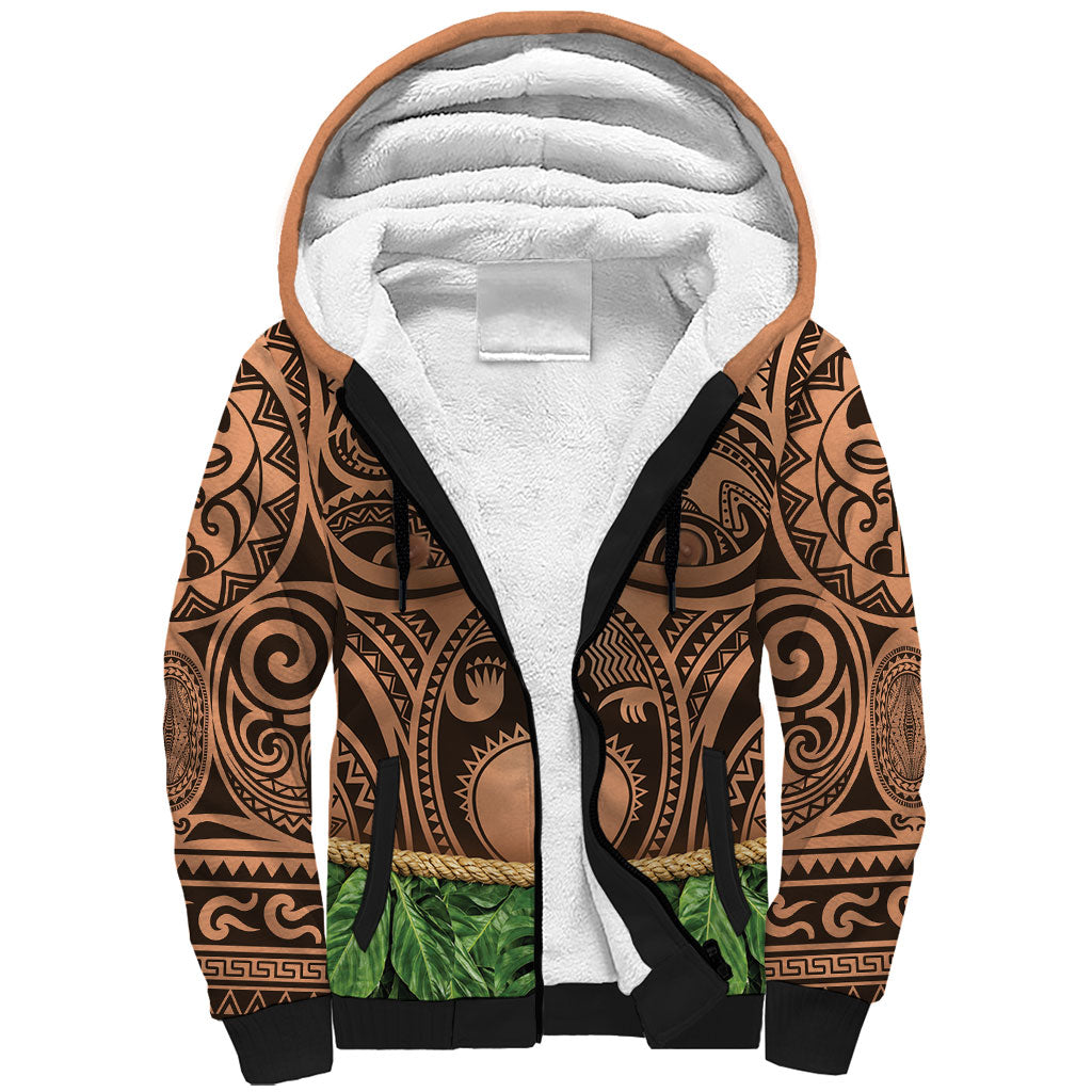 Hawaii Warrior Tattoo Inspired Sherpa Hoodie Tropical Leaf Skirt Costume LT05 Unisex Beige - Polynesian Pride