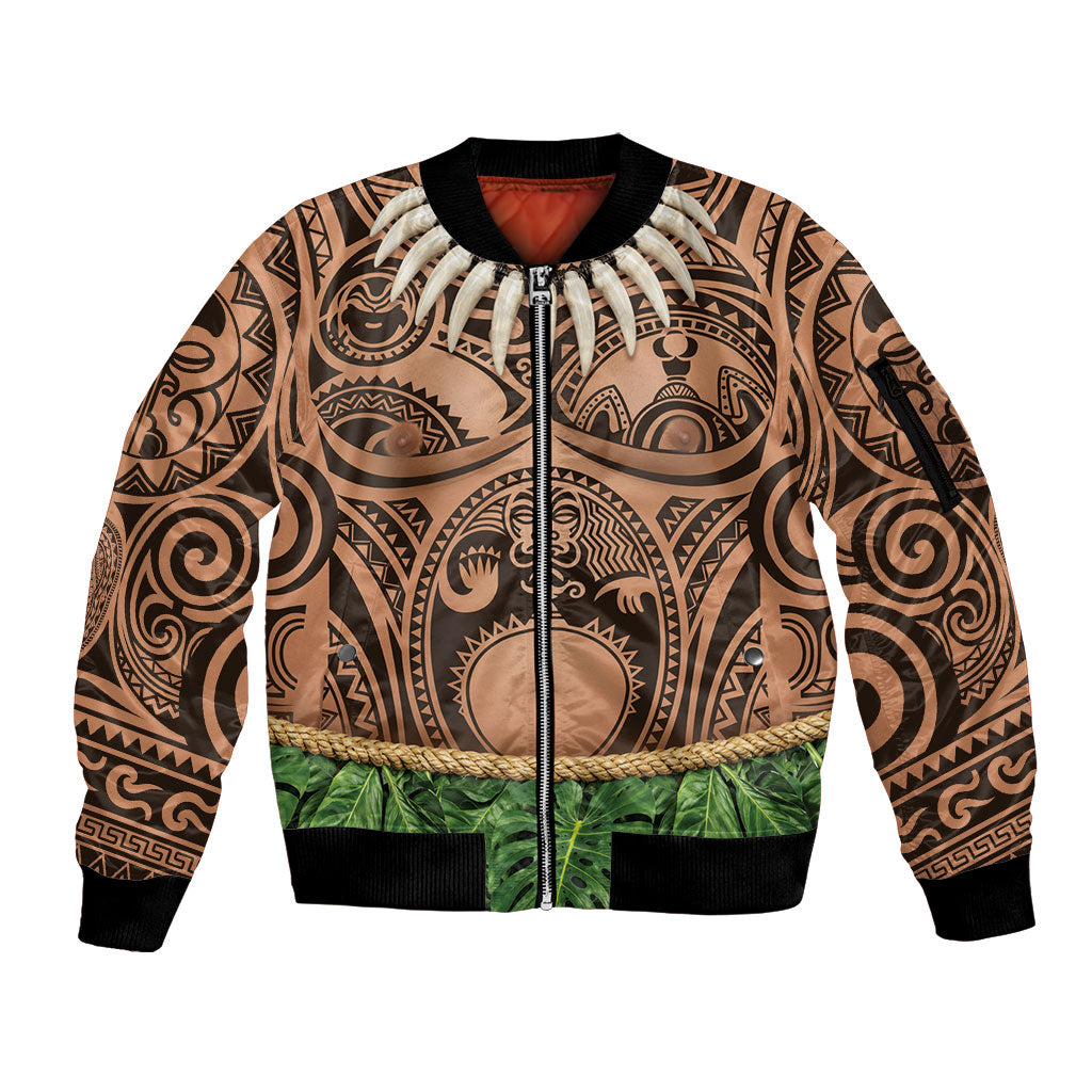 Hawaii Warrior Tattoo Inspired Sleeve Zip Bomber Jacket Tropical Leaf Skirt Costume LT05 Unisex Beige - Polynesian Pride