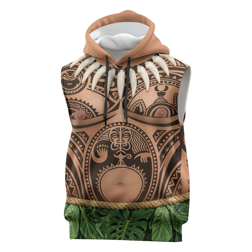 Hawaii Warrior Tattoo Inspired Sleeveless Hoodie Tropical Leaf Skirt Costume LT05 Beige - Polynesian Pride