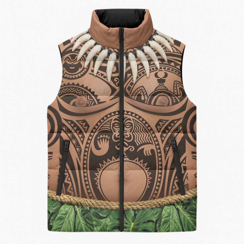 Hawaii Warrior Tattoo Inspired Sleeveless Puffer Jacket Tropical Leaf Skirt Costume