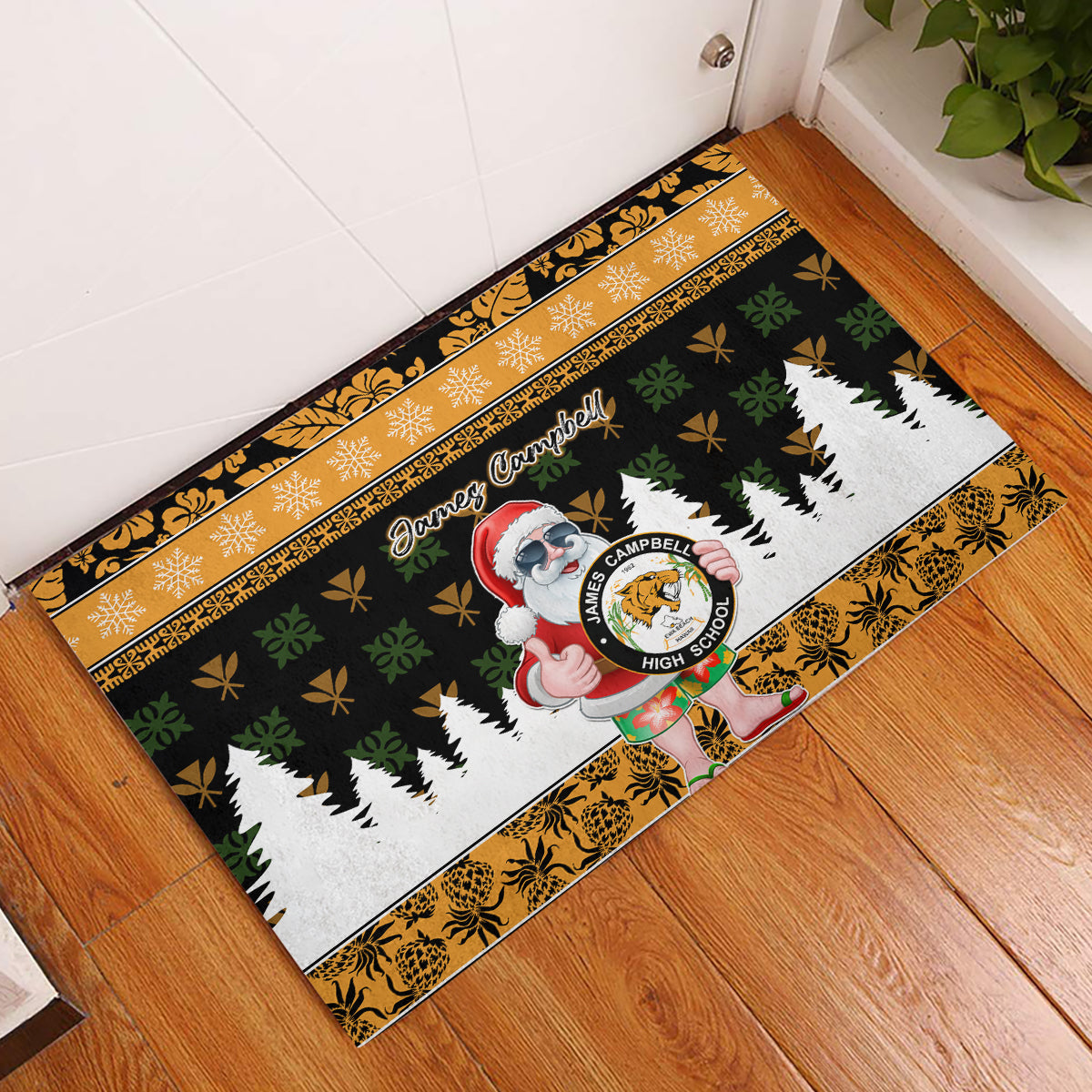 Custom Hawaii James Campbell High School Christmas Rubber Doormat Tropical Santa Claus LT05 Black - Polynesian Pride