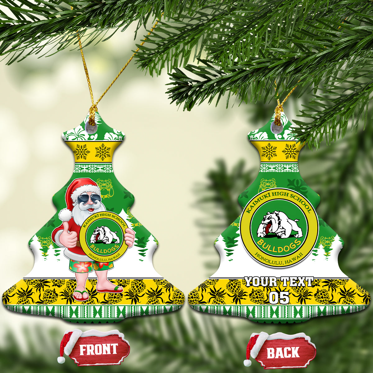 Custom Hawaii Kaimuki High School Christmas Ceramic Ornament Tropical Santa Claus LT05 Christmas Tree Green - Polynesian Pride