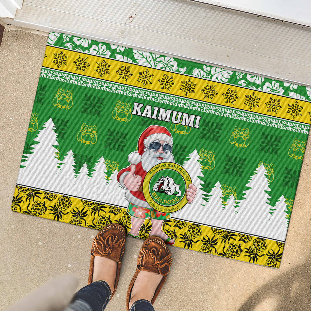 Custom Hawaii Kaimuki High School Christmas Rubber Doormat Tropical Santa Claus LT05 - Polynesian Pride