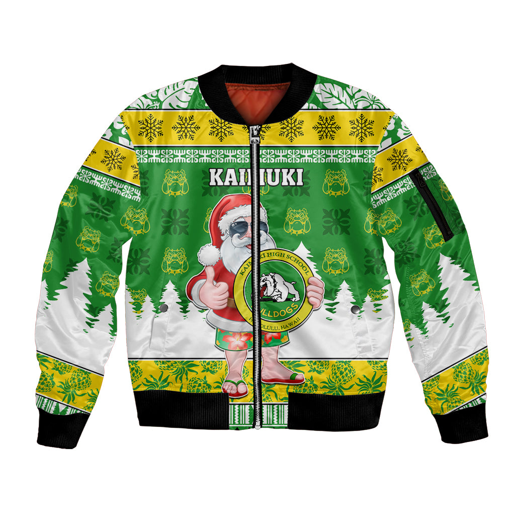 Custom Hawaii Kaimuki High School Christmas Sleeve Zip Bomber Jacket Tropical Santa Claus LT05 Unisex Green - Polynesian Pride