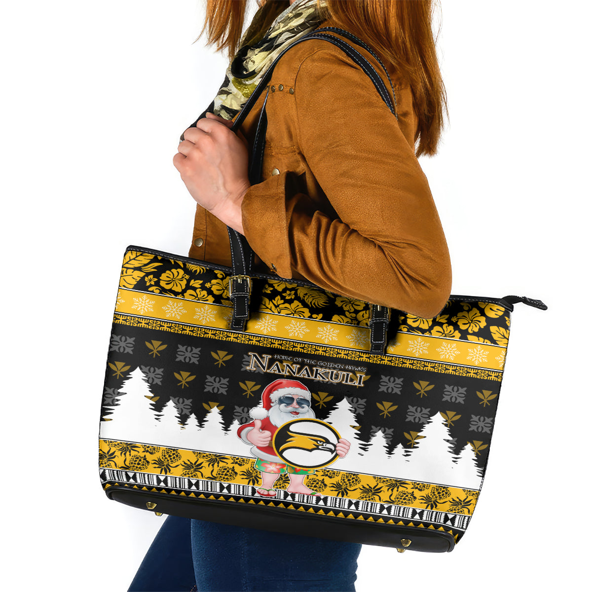 Custom Hawaii Nanakuli High and Intermediate School Christmas Leather Tote Bag Tropical Santa Claus LT05 Yellow - Polynesian Pride