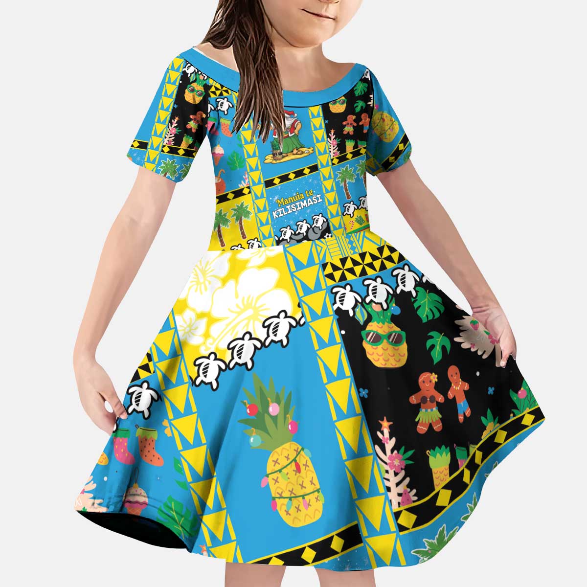 Tuvalu Christmas Kid Short Sleeve Dress Festive Beach Vibes LT05 KID Blue - Polynesian Pride