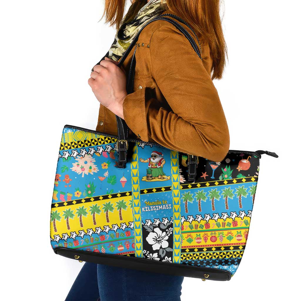 Tuvalu Christmas Leather Tote Bag Festive Beach Vibes LT05 Blue - Polynesian Pride