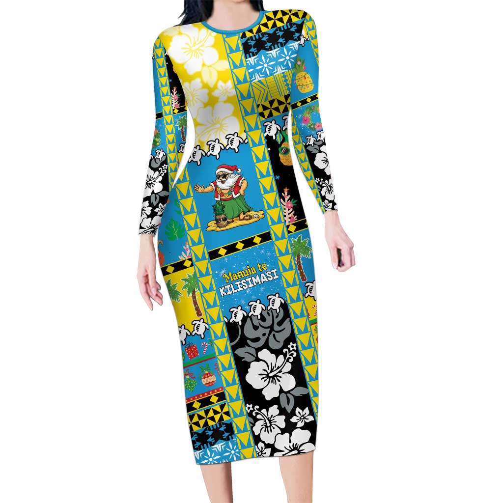 Tuvalu Christmas Long Sleeve Bodycon Dress Festive Beach Vibes LT05 Long Dress Blue - Polynesian Pride