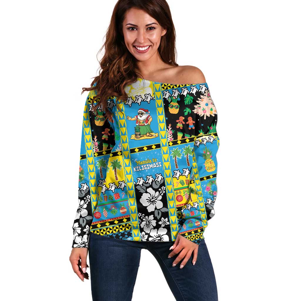 Tuvalu Christmas Off Shoulder Sweater Festive Beach Vibes LT05 Women Blue - Polynesian Pride