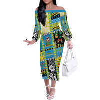 Tuvalu Christmas Off The Shoulder Long Sleeve Dress Festive Beach Vibes LT05 Women Blue - Polynesian Pride
