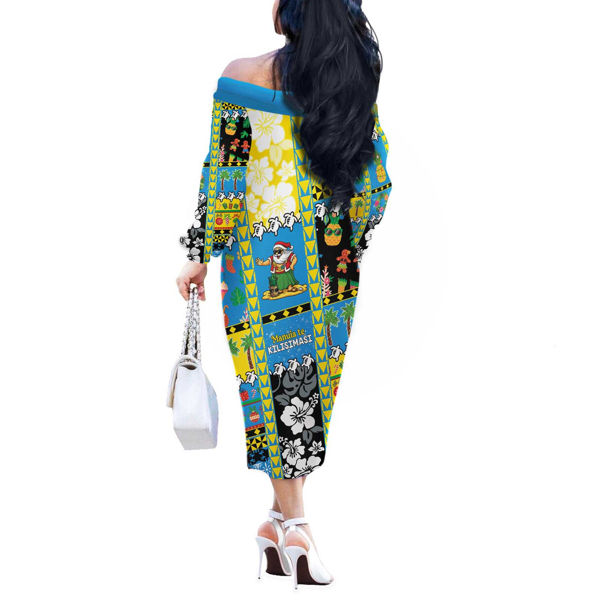 Tuvalu Christmas Off The Shoulder Long Sleeve Dress Festive Beach Vibes LT05 - Polynesian Pride