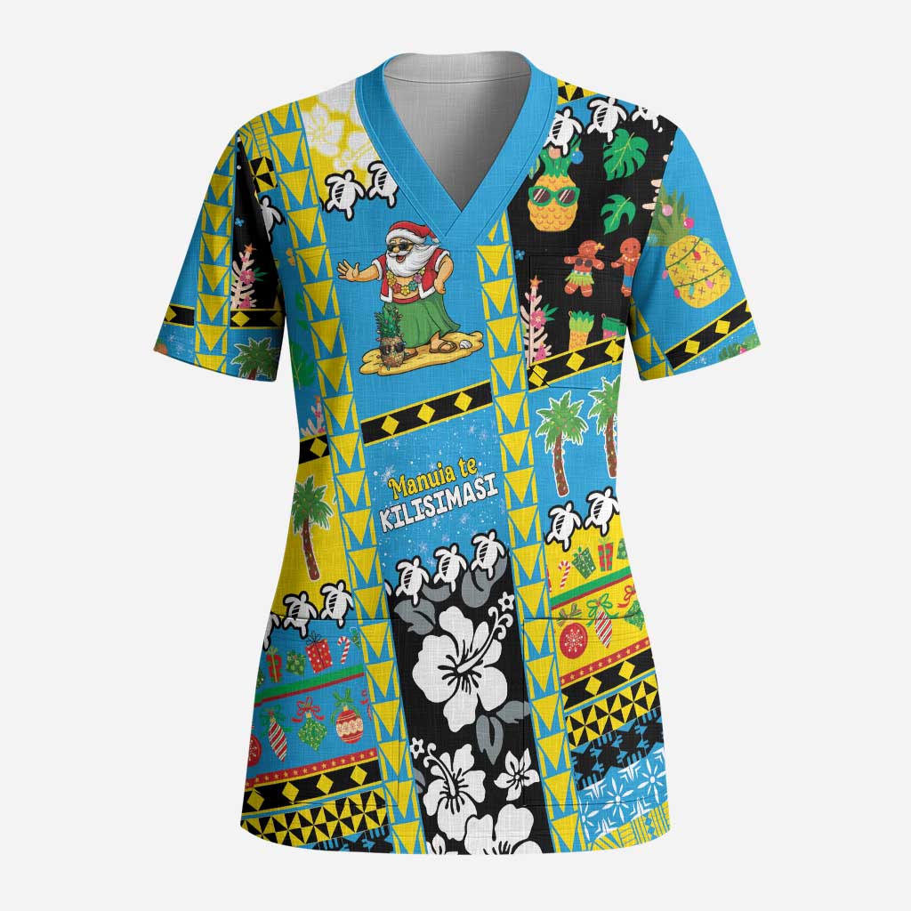 Tuvalu Christmas Scrub Top Festive Beach Vibes LT05 Adult Blue - Polynesian Pride
