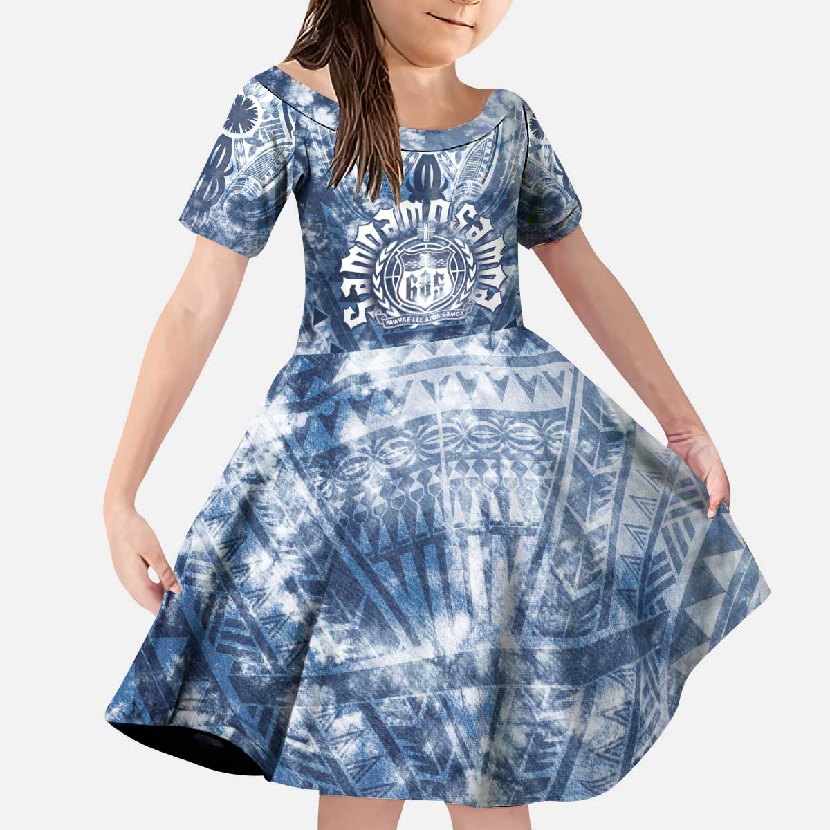 Samoa 685 Kid Short Sleeve Dress Polynesian Pattern Tie Dye Style LT05 KID Blue - Polynesian Pride