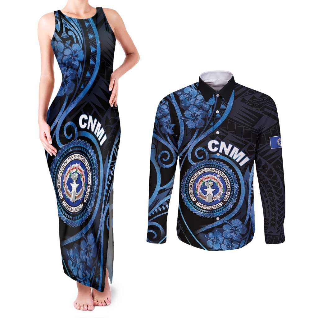 Personalized Northern Mariana Islands Couples Matching Tank Maxi Dress and Long Sleeve Button Shirt Ocean Floral Pattern LT05 Black - Polynesian Pride
