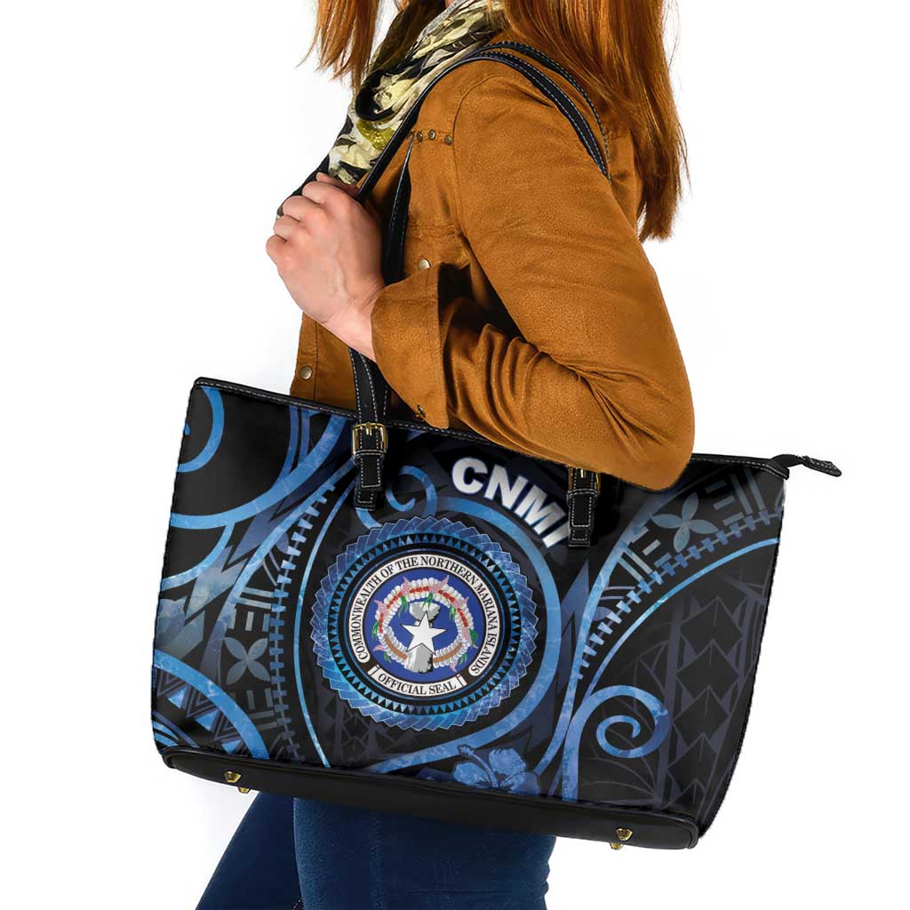 Northern Mariana Islands Leather Tote Bag Ocean Floral Pattern LT05 Black - Polynesian Pride