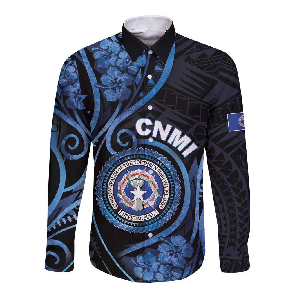 Personalized Northern Mariana Islands Long Sleeve Button Shirt Ocean Floral Pattern LT05 Unisex Black - Polynesian Pride