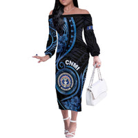 Personalized Northern Mariana Islands Off The Shoulder Long Sleeve Dress Ocean Floral Pattern LT05 Women Black - Polynesian Pride