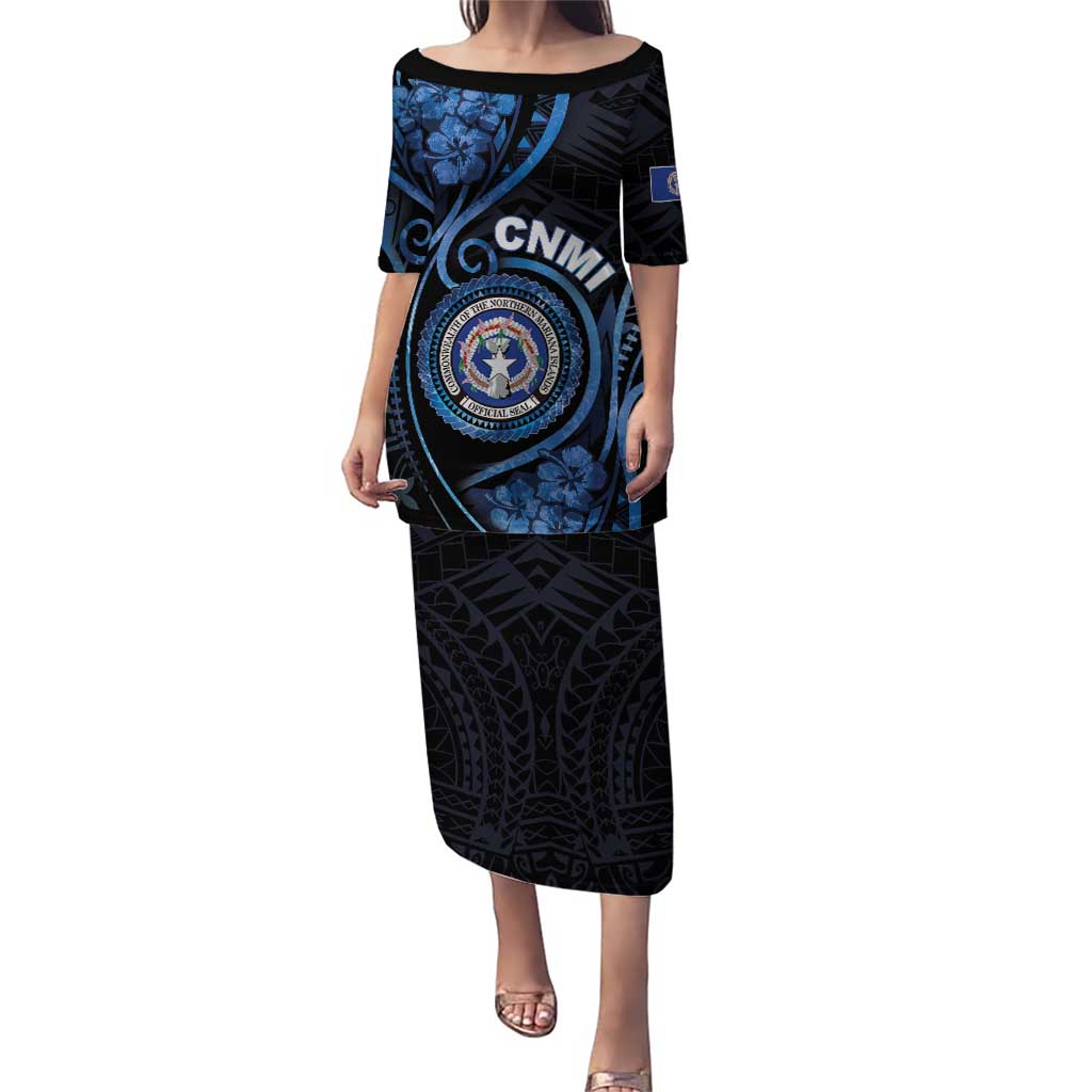 Personalized Northern Mariana Islands Puletasi Ocean Floral Pattern LT05 Long Dress Black - Polynesian Pride