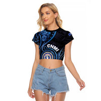 Personalized Northern Mariana Islands Raglan Cropped T Shirt Ocean Floral Pattern LT05 Female Black - Polynesian Pride