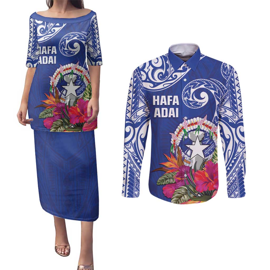 Hafa Adai Northern Mariana Islands Couples Matching Puletasi and Long Sleeve Button Shirt Polynesian Tribal Pattern