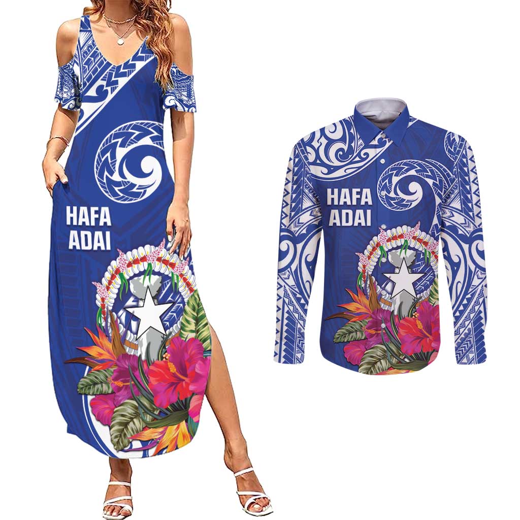 Hafa Adai Northern Mariana Islands Couples Matching Summer Maxi Dress and Long Sleeve Button Shirt Polynesian Tribal Pattern