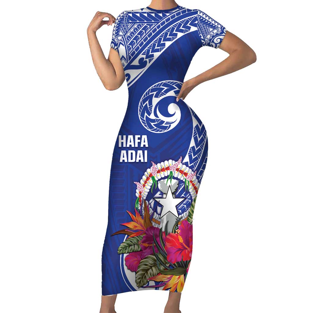 Hafa Adai Northern Mariana Islands Short Sleeve Bodycon Dress Polynesian Tribal Pattern