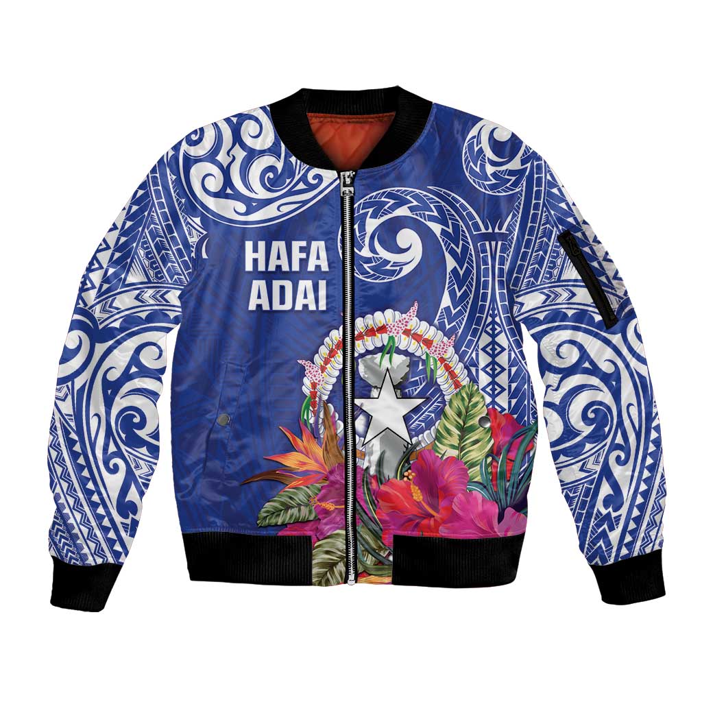 Hafa Adai Northern Mariana Islands Sleeve Zip Bomber Jacket Polynesian Tribal Pattern LT05 Unisex Blue - Polynesian Pride