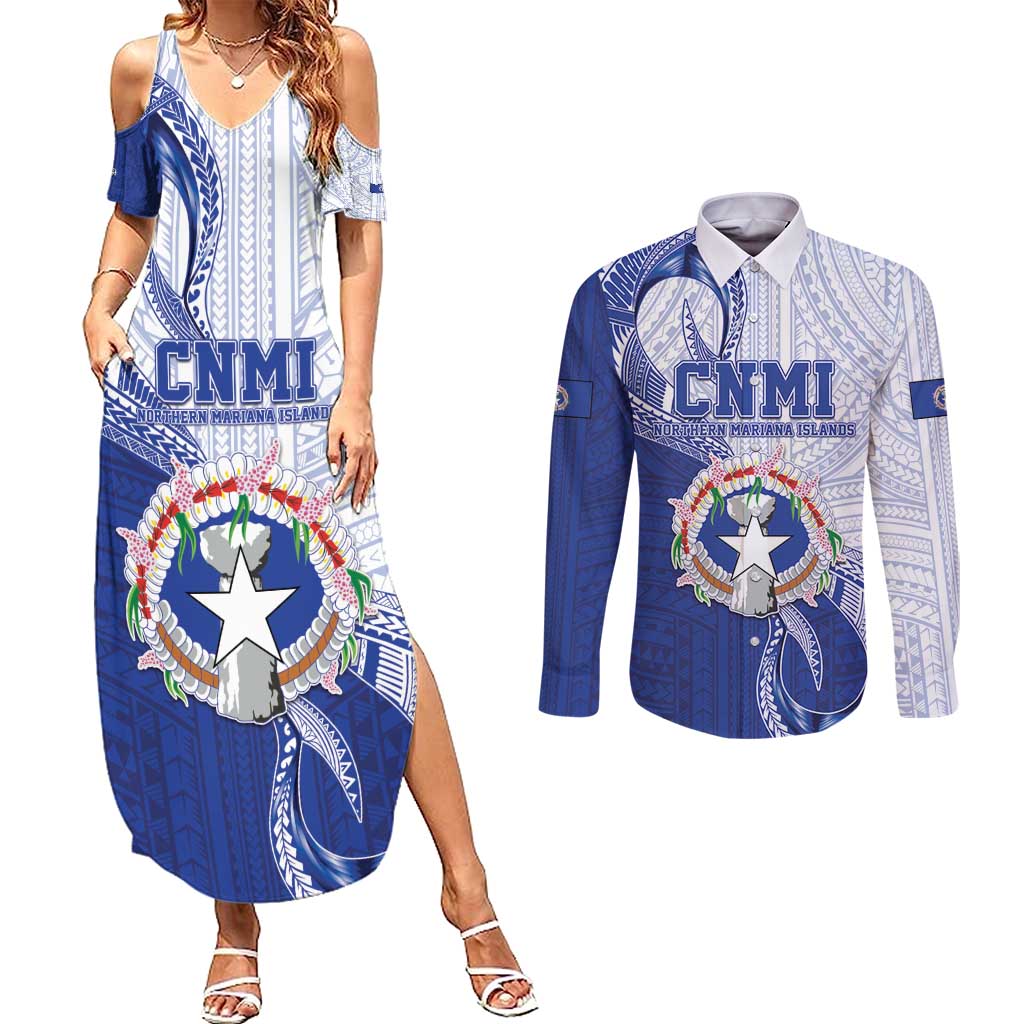 Personalized Northern Mariana Islands Couples Matching Summer Maxi Dress and Long Sleeve Button Shirt CNMI Seal LT05 Blue - Polynesian Pride