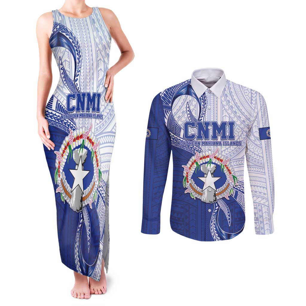Personalized Northern Mariana Islands Couples Matching Tank Maxi Dress and Long Sleeve Button Shirt CNMI Seal LT05 Blue - Polynesian Pride