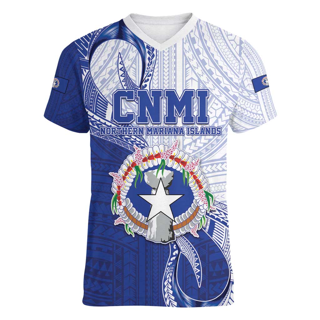 Personalized Northern Mariana Islands Women V-Neck T-Shirt CNMI Seal LT05 Female Blue - Polynesian Pride