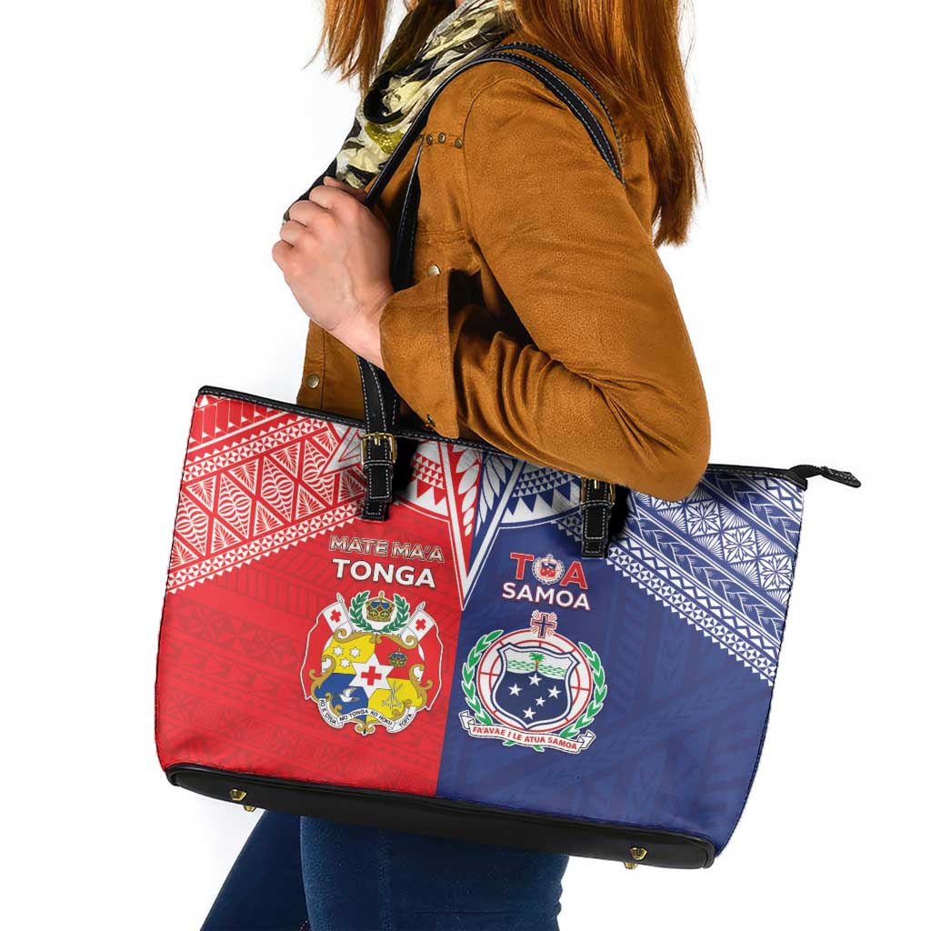 Rugby Samoa And Tonga Leather Tote Bag Toa Samoa With Mate Maa LT05 Multicolor - Polynesian Pride