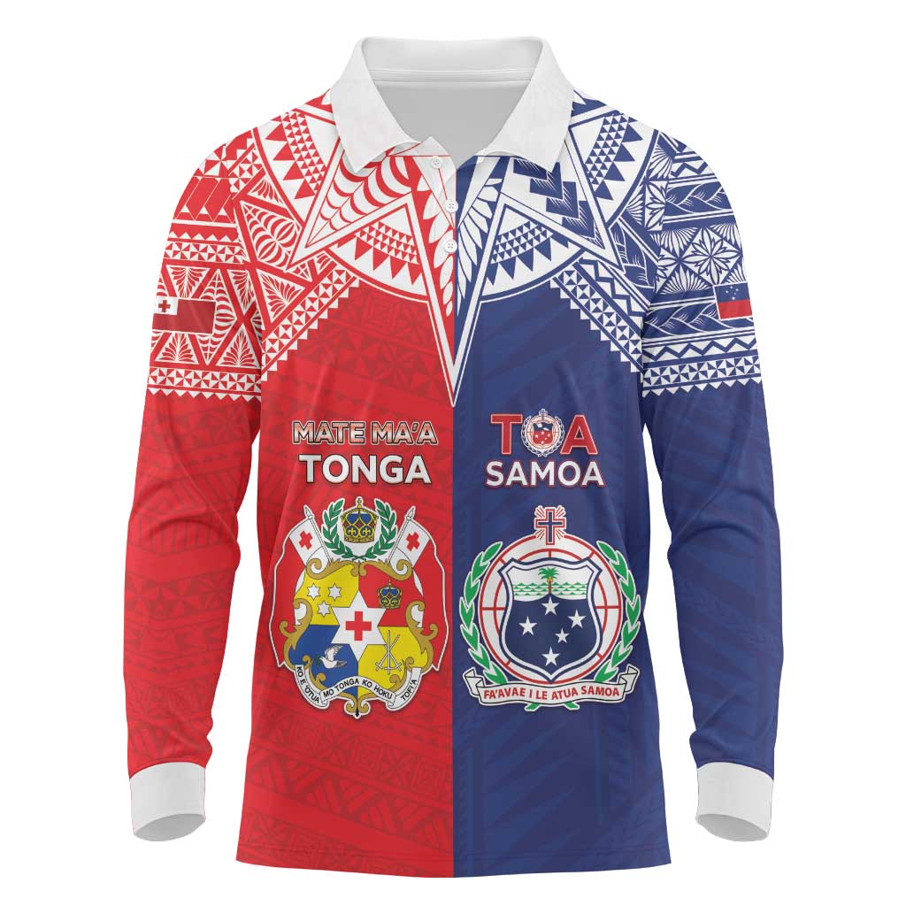 Custom Rugby Samoa And Tonga Long Sleeve Polo Shirt Toa Samoa With Mate Maa LT05 Multicolor - Polynesian Pride