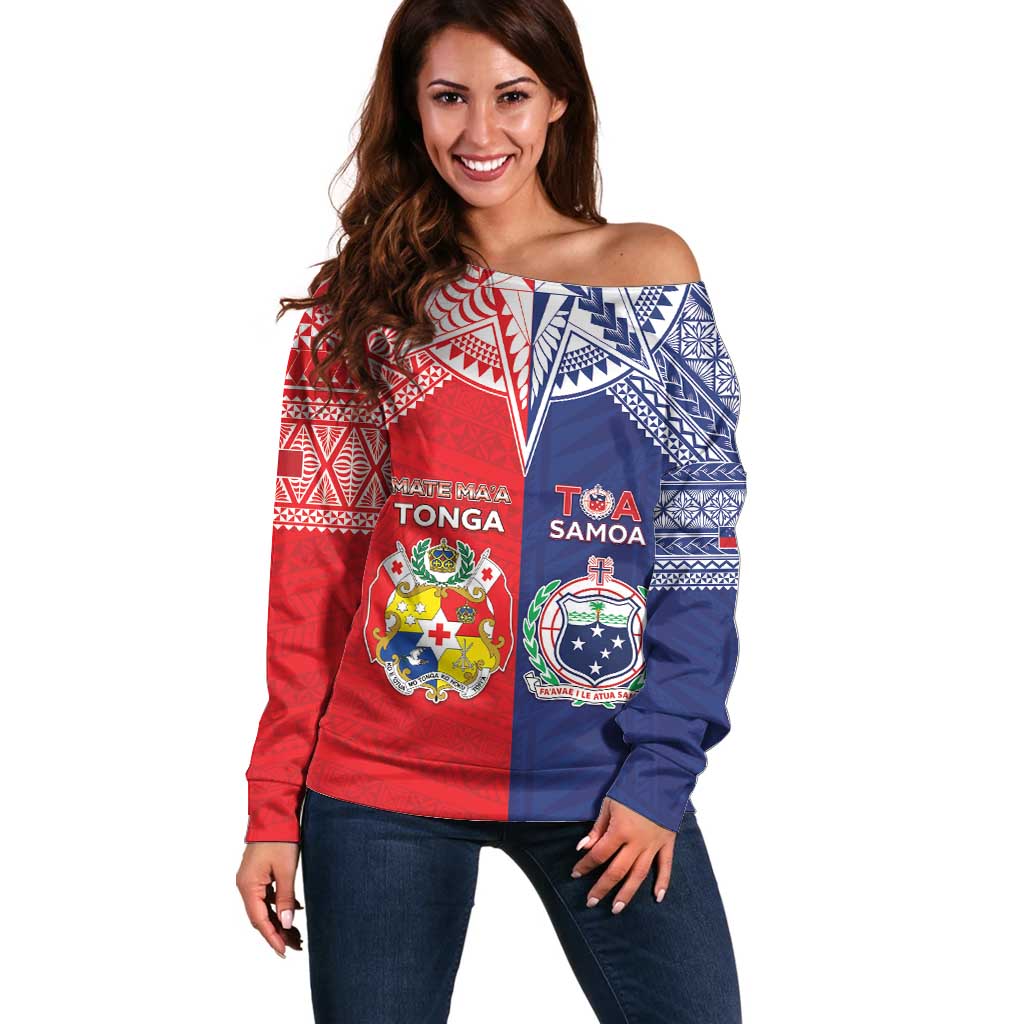 Custom Rugby Samoa And Tonga Off Shoulder Sweater Toa Samoa With Mate Maa LT05 Women Multicolor - Polynesian Pride