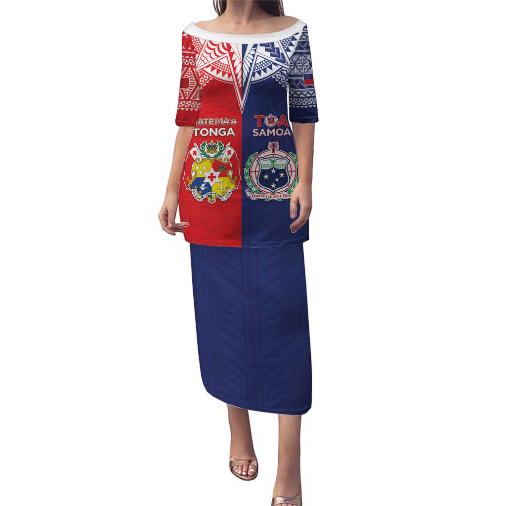 Custom Rugby Samoa And Tonga Puletasi Toa Samoa With Mate Maa LT05 Long Dress Multicolor - Polynesian Pride