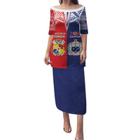 Custom Rugby Samoa And Tonga Puletasi Toa Samoa With Mate Maa LT05 Long Dress Multicolor - Polynesian Pride