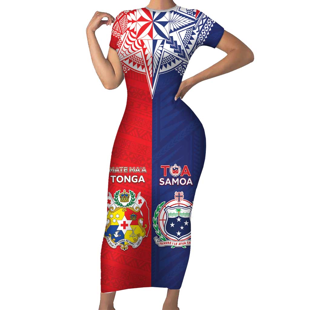 Custom Rugby Samoa And Tonga Short Sleeve Bodycon Dress Toa Samoa With Mate Maa LT05 Long Dress Multicolor - Polynesian Pride