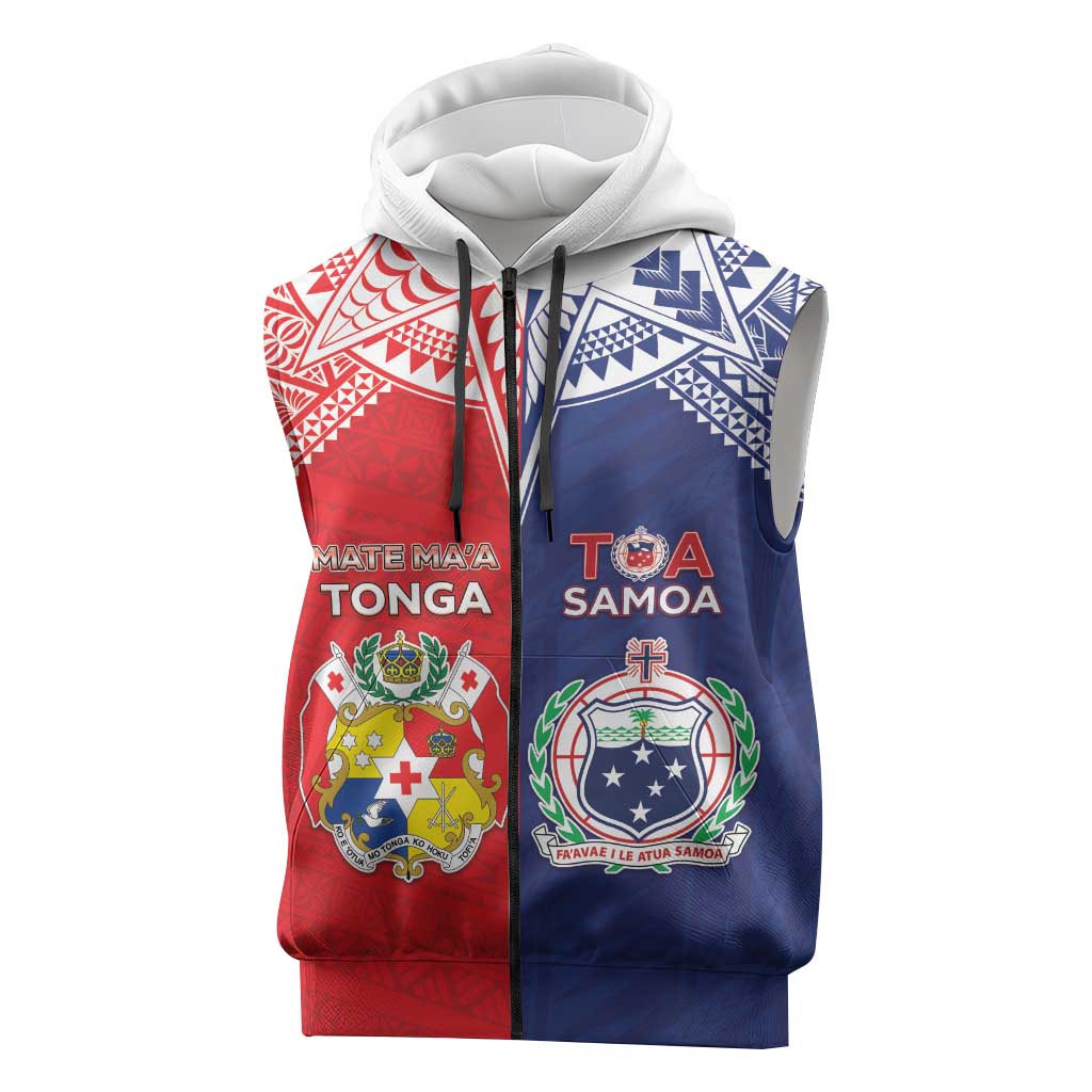 Custom Rugby Samoa And Tonga Sleeveless Zip Hoodie Toa Samoa With Mate Maa LT05 Multicolor - Polynesian Pride