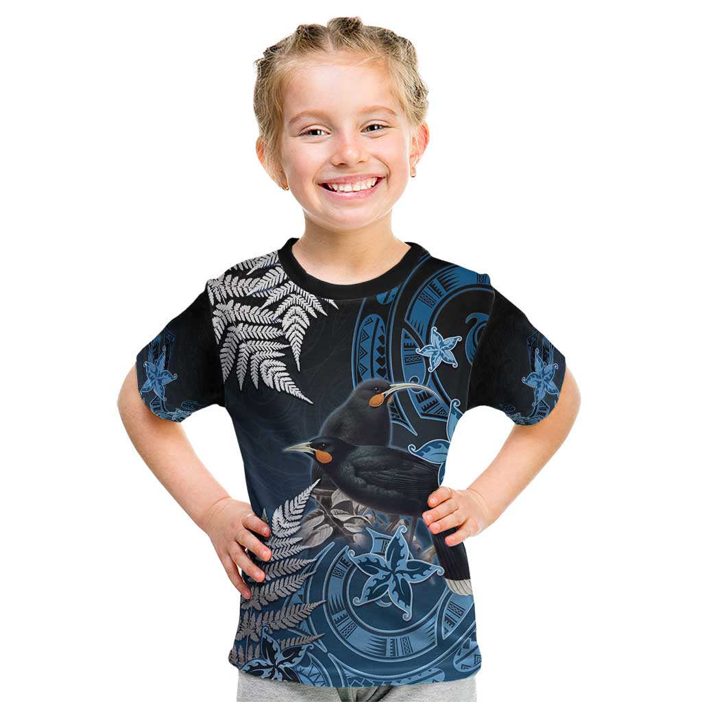 New Zealand Huia Bird Kid T Shirt Aotearoa Maori Pattern LT05 Navy - Polynesian Pride