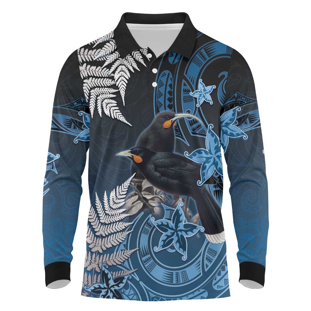 New Zealand Huia Bird Long Sleeve Polo Shirt Aotearoa Maori Pattern LT05 Navy - Polynesian Pride