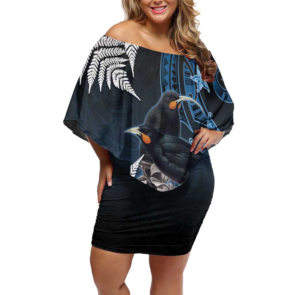 New Zealand Huia Bird Off Shoulder Short Dress Aotearoa Maori Pattern LT05 Women Navy - Polynesian Pride