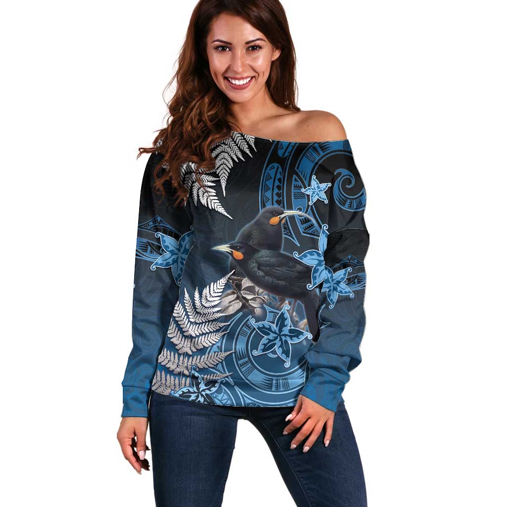 New Zealand Huia Bird Off Shoulder Sweater Aotearoa Maori Pattern LT05 Women Navy - Polynesian Pride