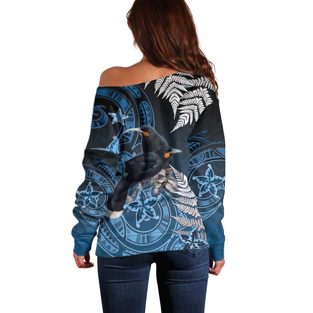 New Zealand Huia Bird Off Shoulder Sweater Aotearoa Maori Pattern LT05 - Polynesian Pride
